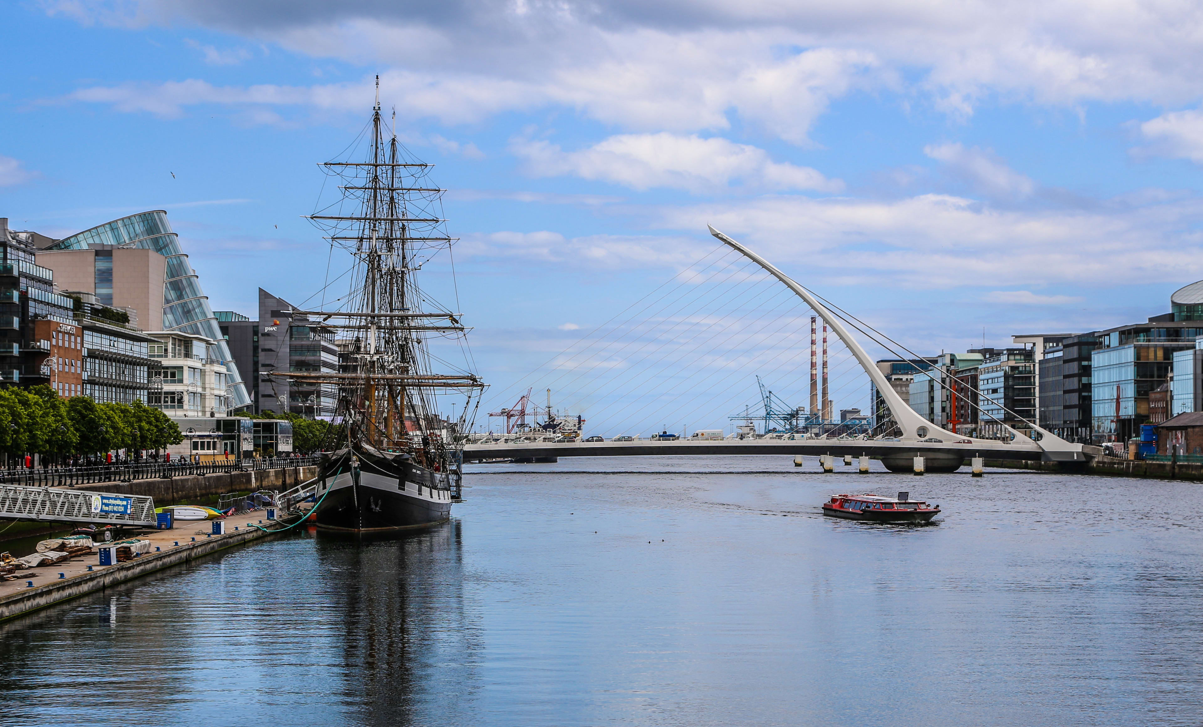 Dublin Docklands View - River Liffey, Bridge & Jeanie Johnston tall ship